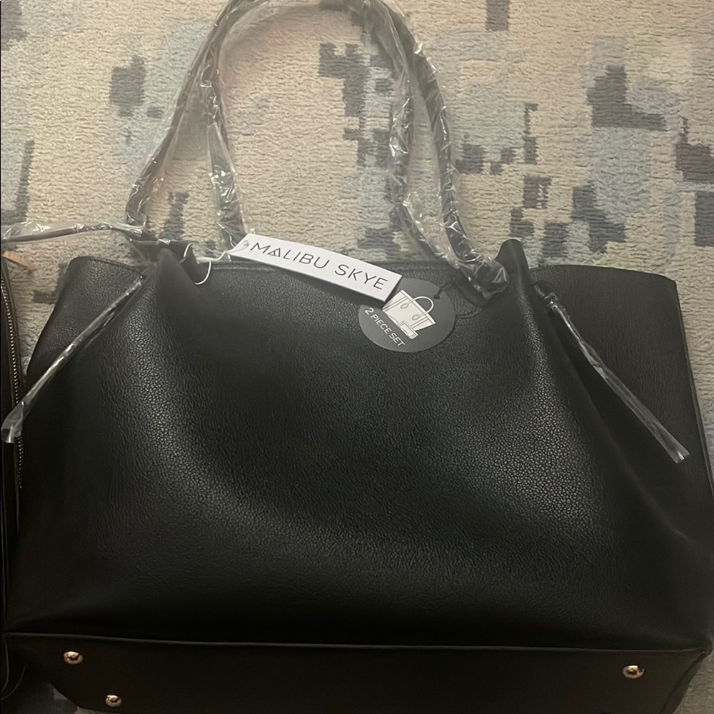 Malibu Skye Black Leather  Tote with Gold Accent Feet and second insert bag